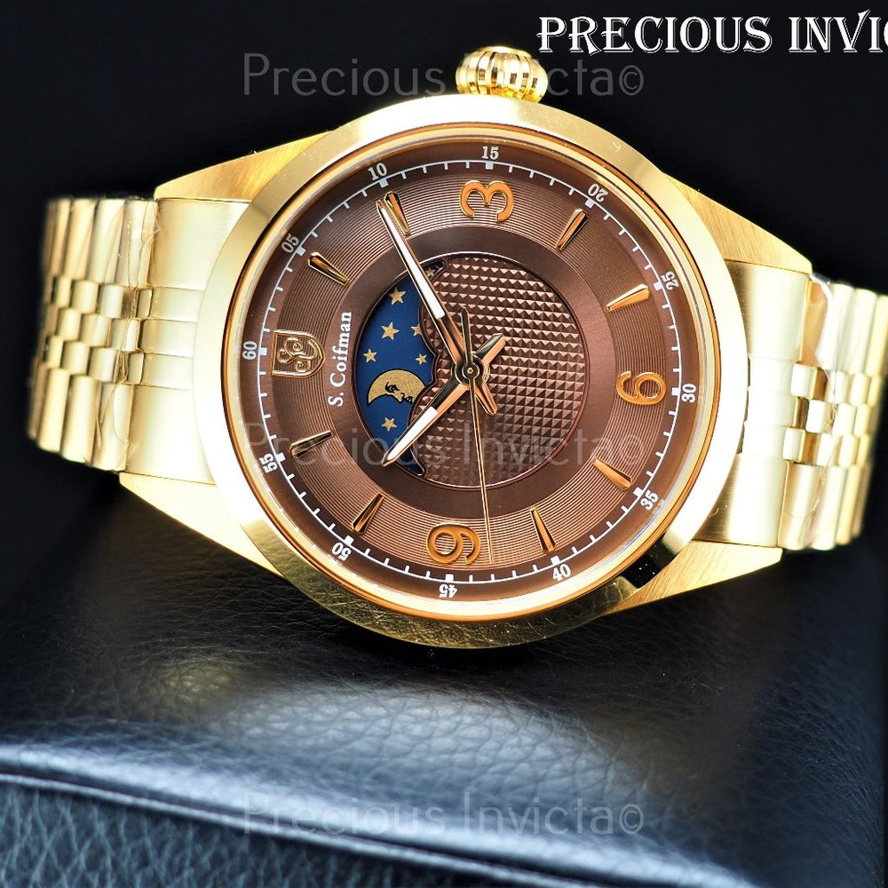 NEW S. Coifman Men's 44mm Moon Window LMT ED Gold Tone Brown Dial Bracelet Watch